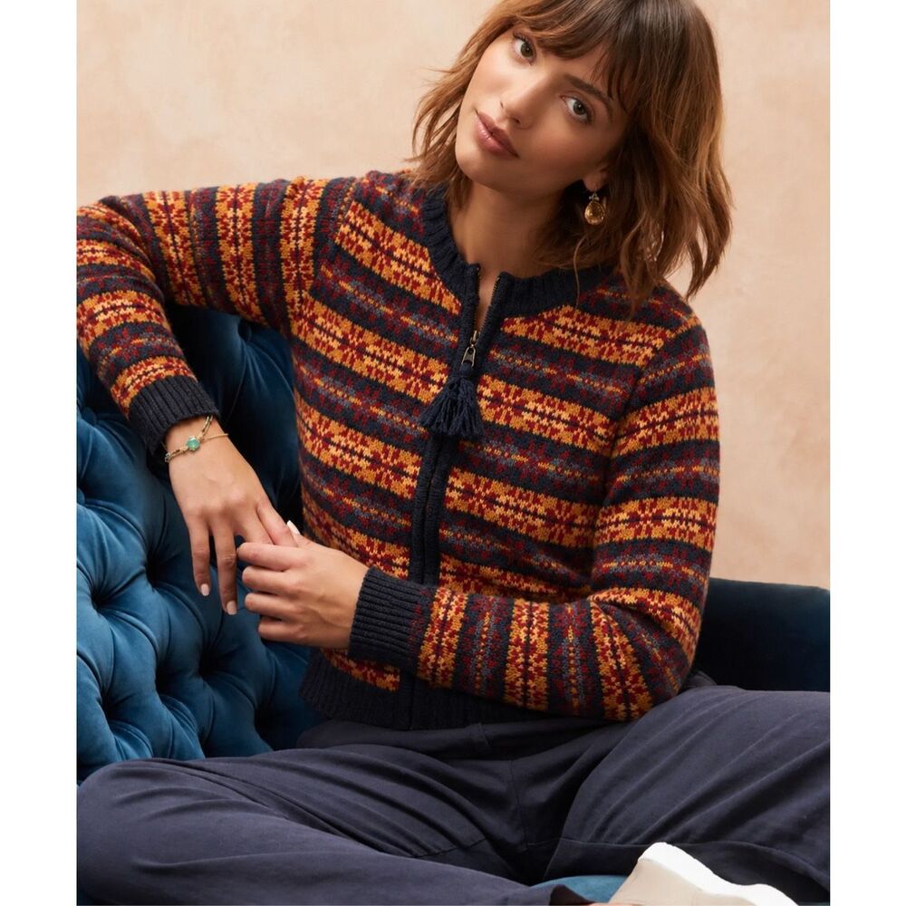 Vintage Abercrombie & Fitch Fair Isle Wool Sweater Cardigan Tassel Zip Front Nor